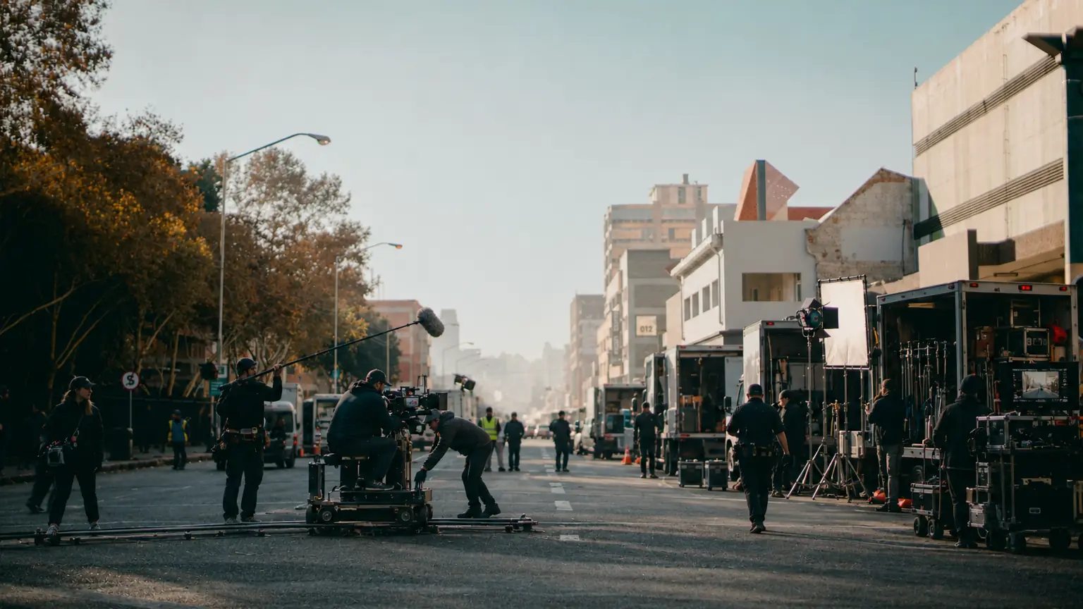 A film unit at work on a Johannesburg street: dolly track laid down the road, boom operator and camera crew mid-setup, unit trucks along the kerb.